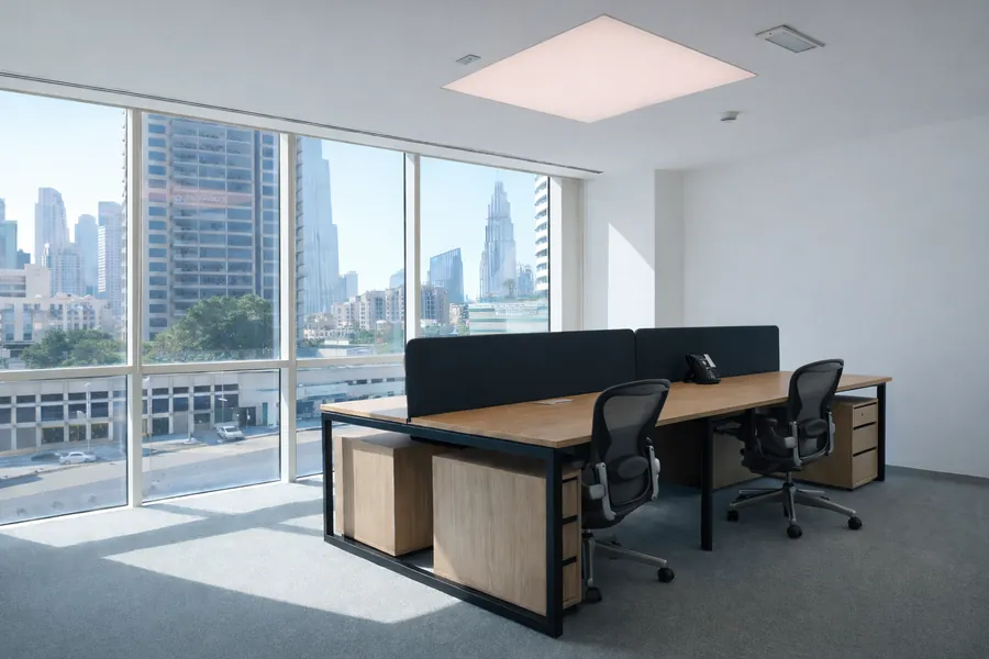 Serviced office with floor-to-ceiling windows and a view of the Burj Khalifa